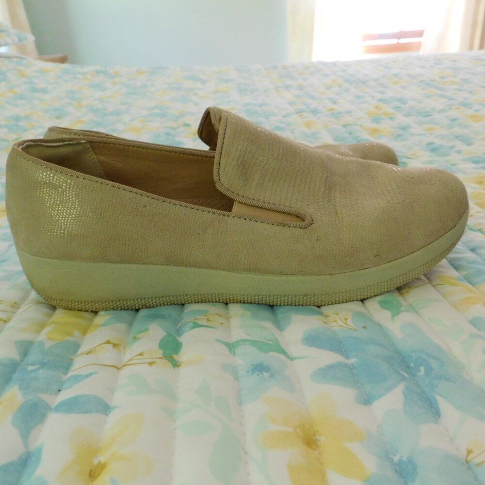 FitFlop SuperSkate Slip On Leather Comfort Shoes‎ Beige Shimmer Sz 8.5 Loafer